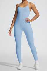 U Neckline Solid Color Slim Fit Open Back Sporty Cami Jumpsuit - Grey