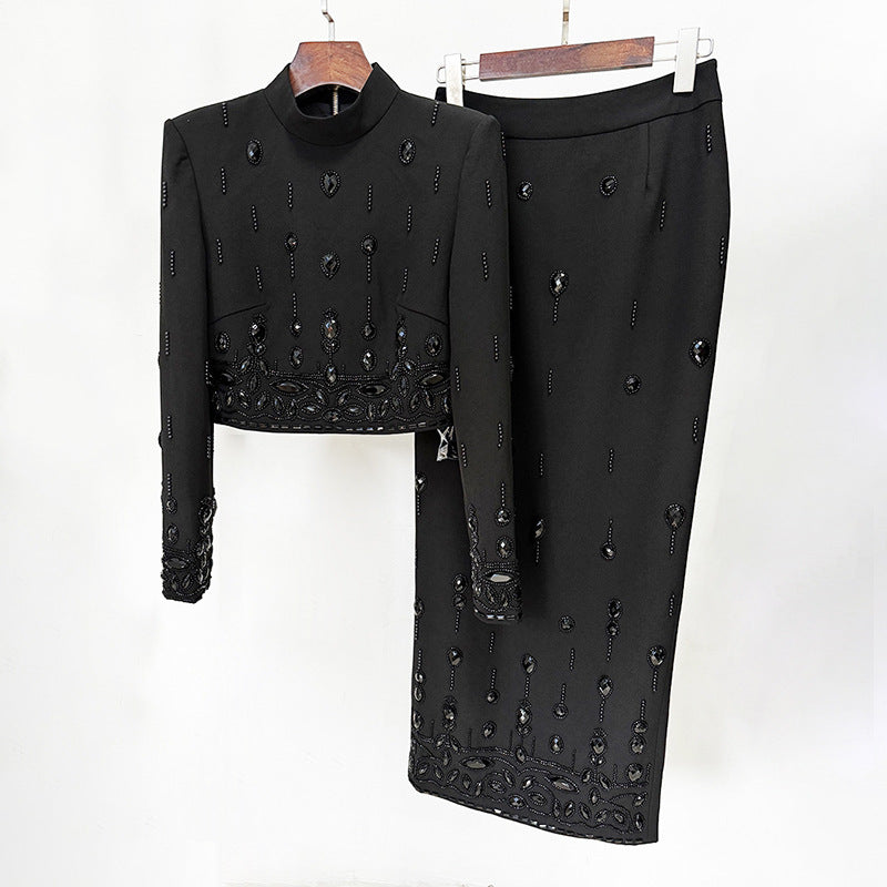 Handmade Beading Short Jacket Skirt Sets Outfits Designer Long Dress Set White Black Yellow Slim Suits Wedding