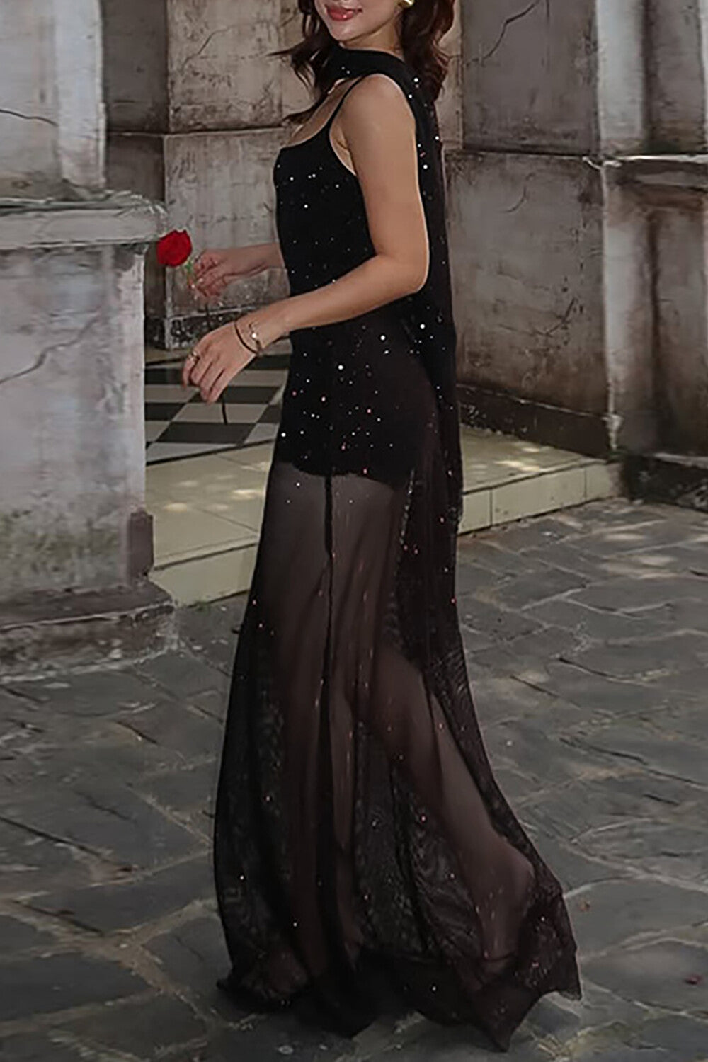 Shimmering Bodycon See Through Mesh Patchwork Hem Slip Maxi Dresses - Black