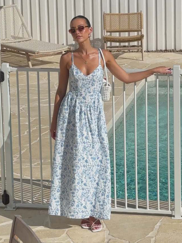 V-neck waist holiday long dress sexy backless bow tie dress