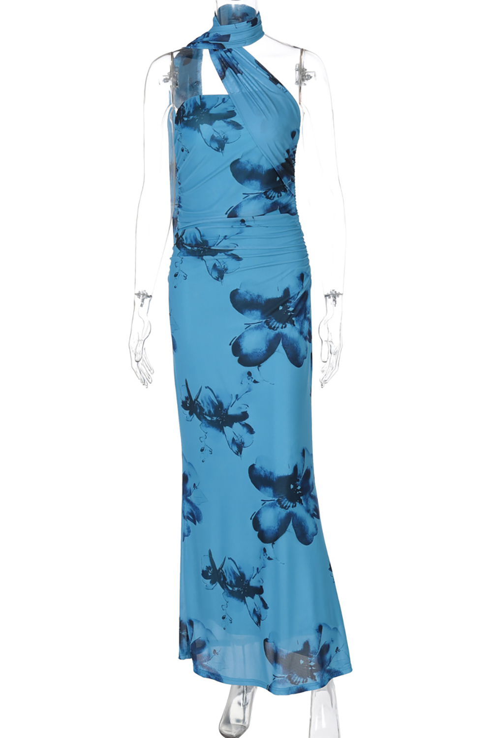 Floral Print Slim Fit Strapless Maxi Dresses - Blue