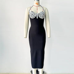 European and American sexy neck hanging bandage dress, heavy nail bead backless party dress, dress