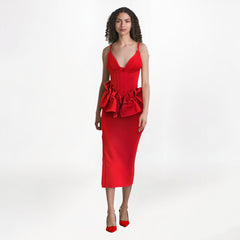 Red V-neck ruffle hem backless waist cinched evening dress socialite long dress