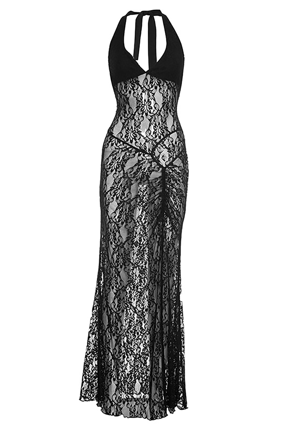 Plunge Neck See Through Jacquard Lace Cutout Halter Maxi Dresses - Black