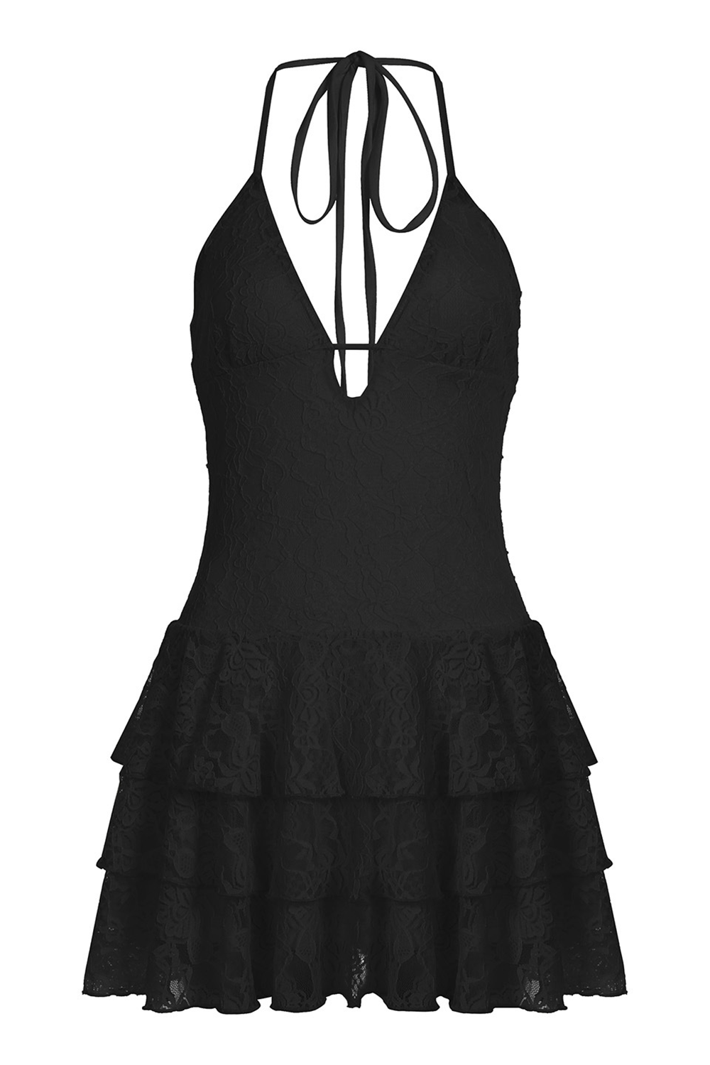 Plunge Neck Cutout Cinch Waist Layered Ruffled Hem Halter Mini Dresses - Beige