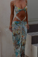 Leopard Floral Print Cutout Ruffled Halter Maxi Dresses - Green