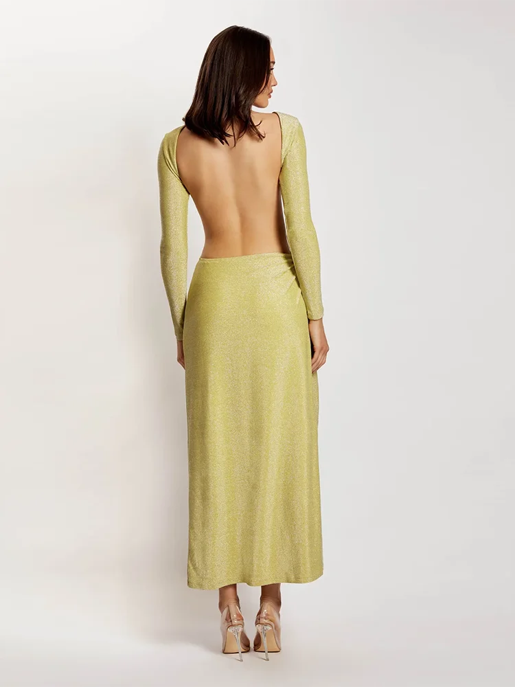 Sexy Backless Dress Chic Waist Hollow Out Design High Slit Long Gold Dress Cocktail Party Wear