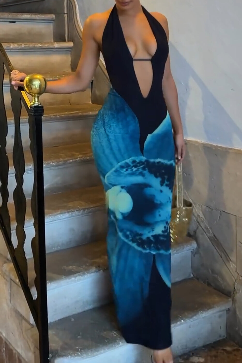 Plunge Neck Floral Print Bodycon Halter Slit Maxi Dresses - Blue