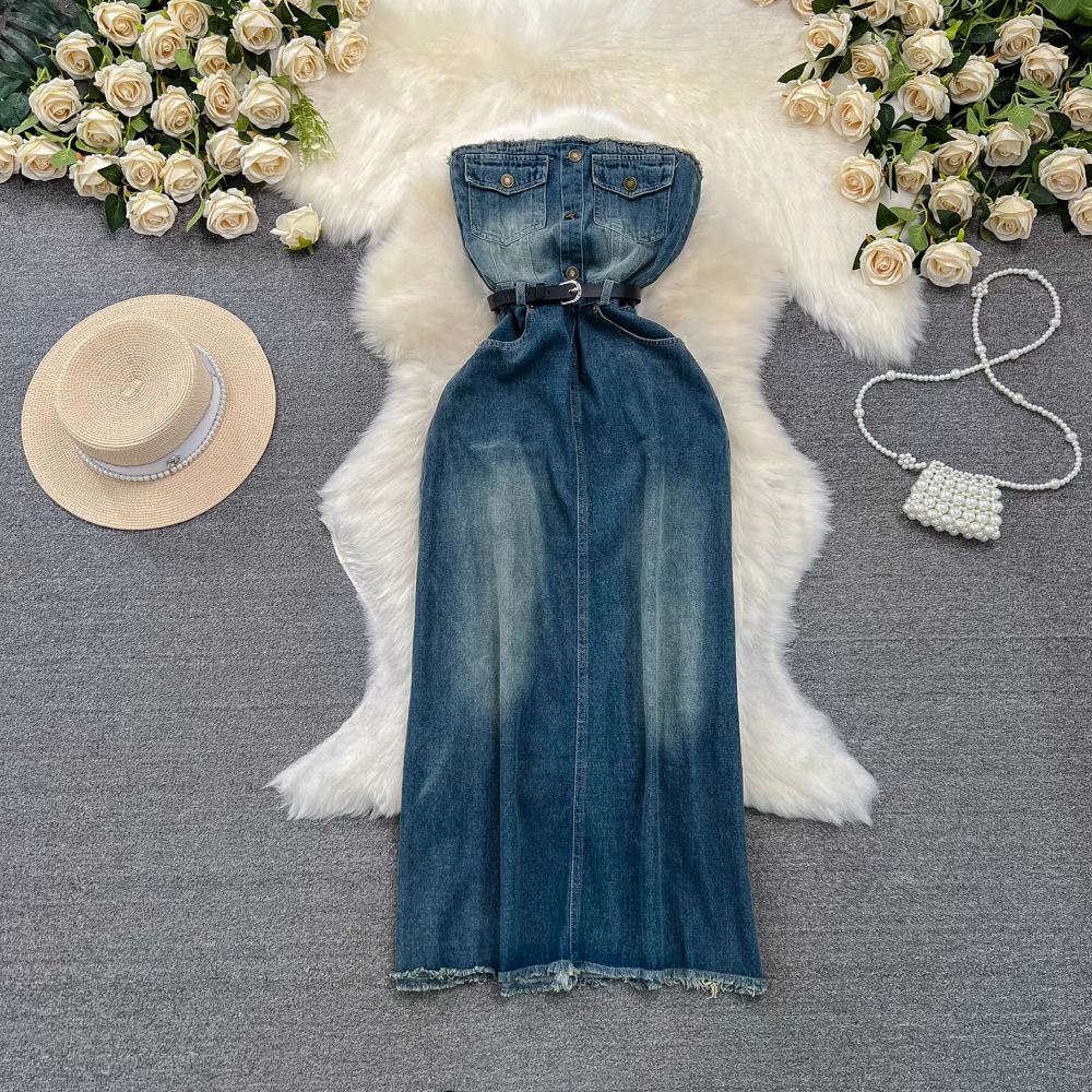 Retro design mid-length A-line fringed raw edge denim dress