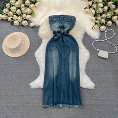 Retro design mid-length A-line fringed raw edge denim dress
