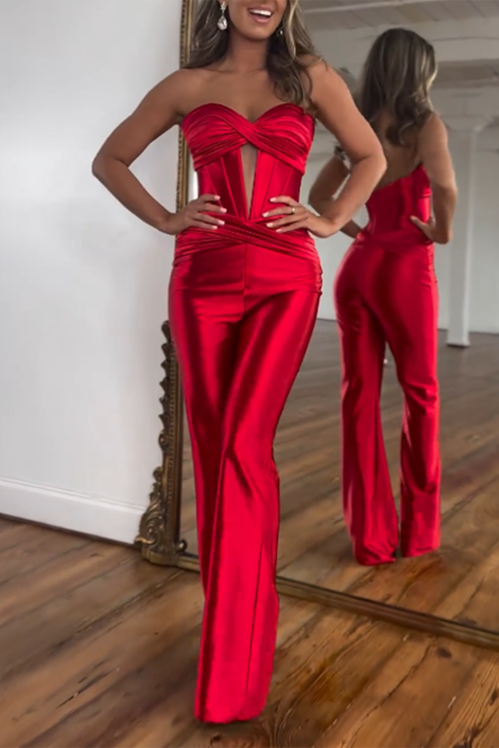Twisted Strapless Cutout Corset Straight Leg Party Jumpsuit - Red