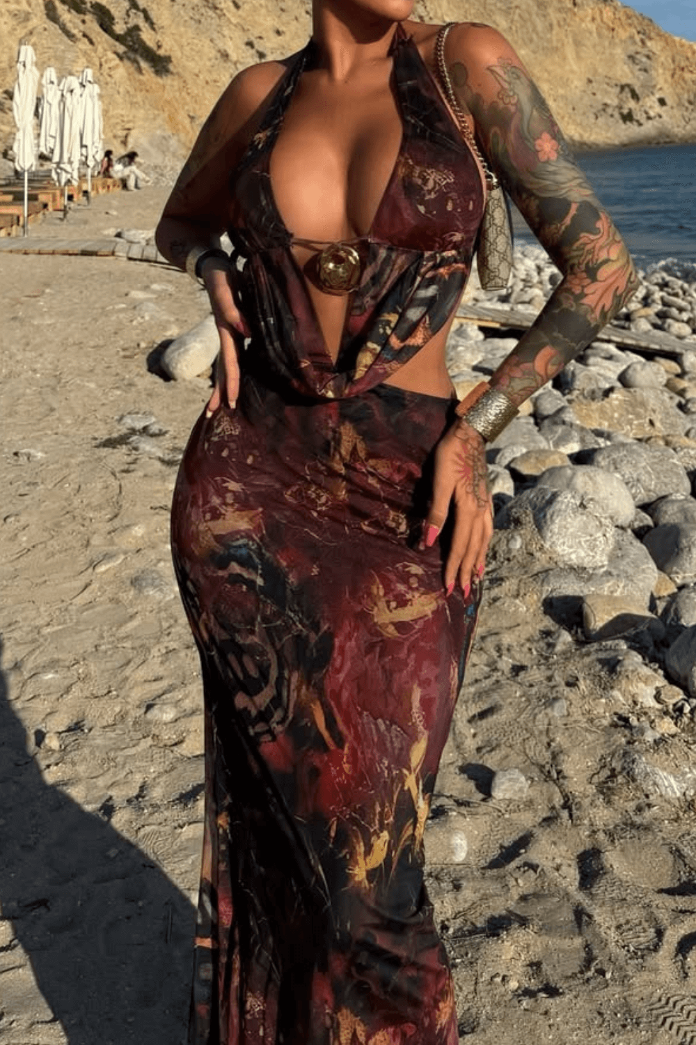 Mixed Print Cutout Slim Fit Halter Maxi Skirt 2 Pcs Sets - Brown - Brown