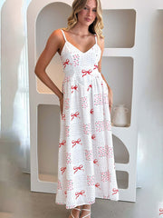V-neck waist holiday backless bow print dress
