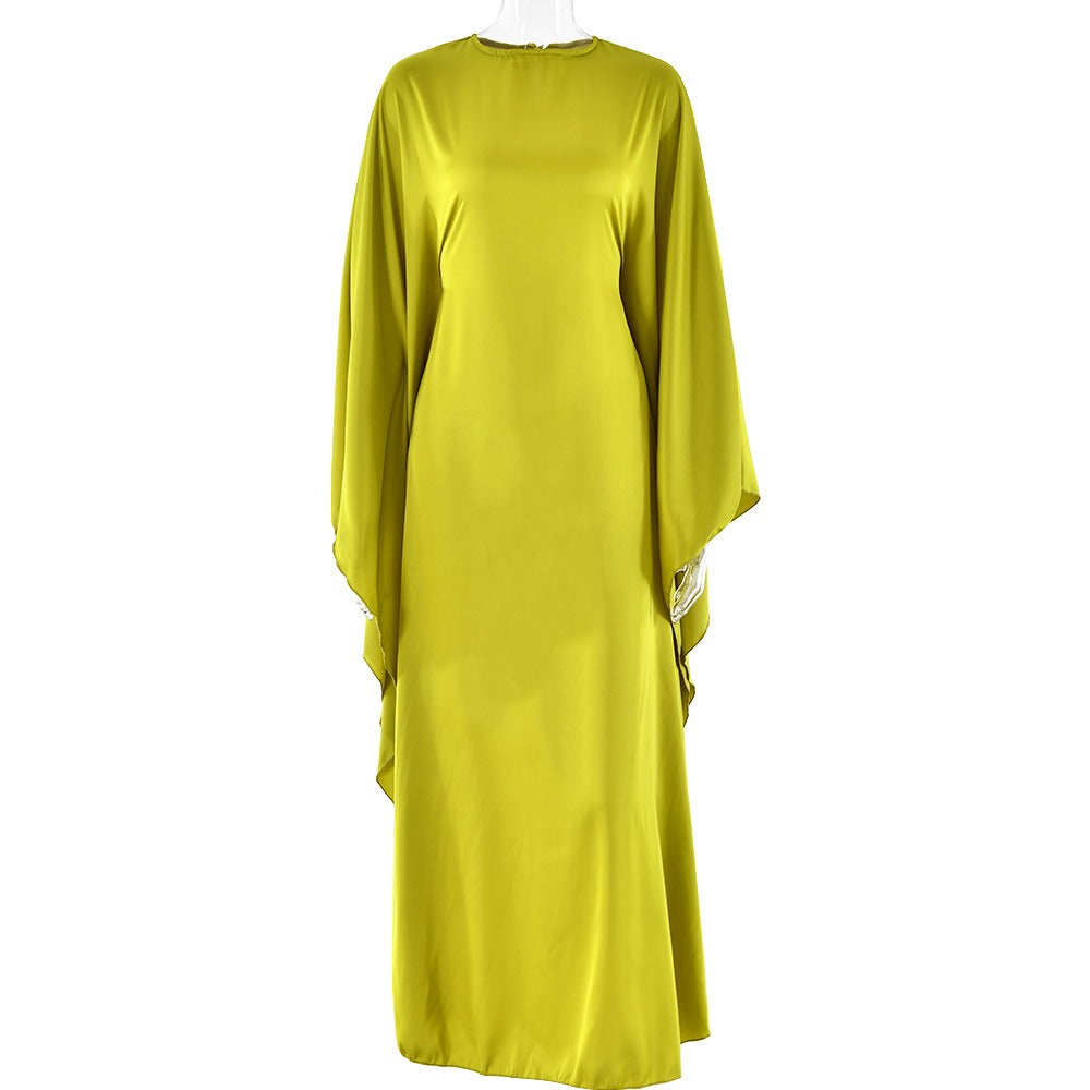 Dress, round neck, satin bat sleeve, loose fitting dress, sexy and long dress spring/summer