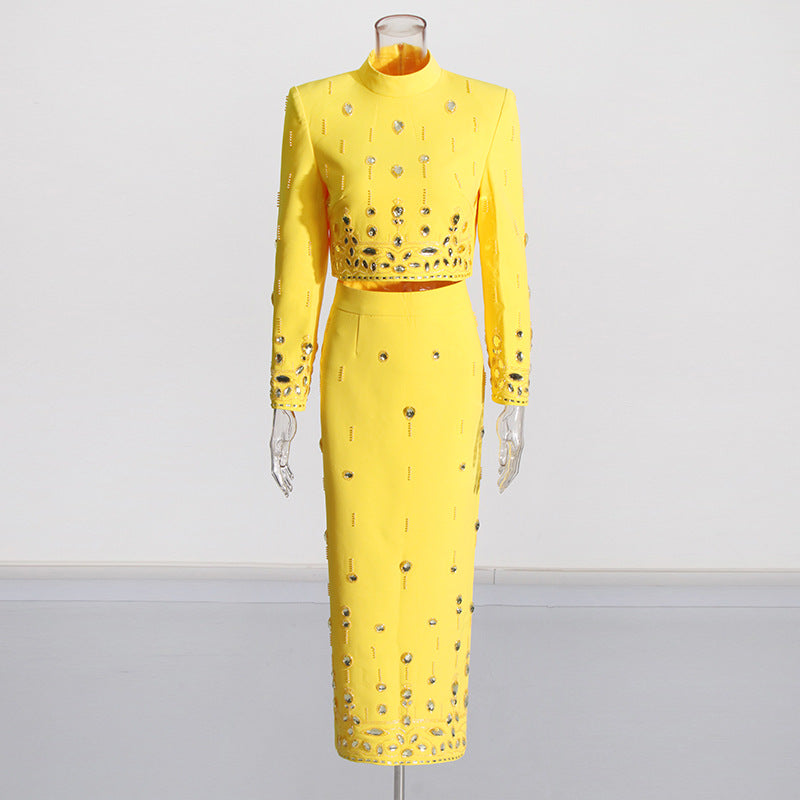 Handmade Beading Short Jacket Skirt Sets Outfits Designer Long Dress Set White Black Yellow Slim Suits Wedding