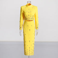Handmade Beading Short Jacket Skirt Sets Outfits Designer Long Dress Set White Black Yellow Slim Suits Wedding