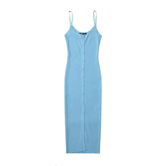 Single Breasted Rib Knitted Dress Women Spaghetti Strap Midi Split Dresses