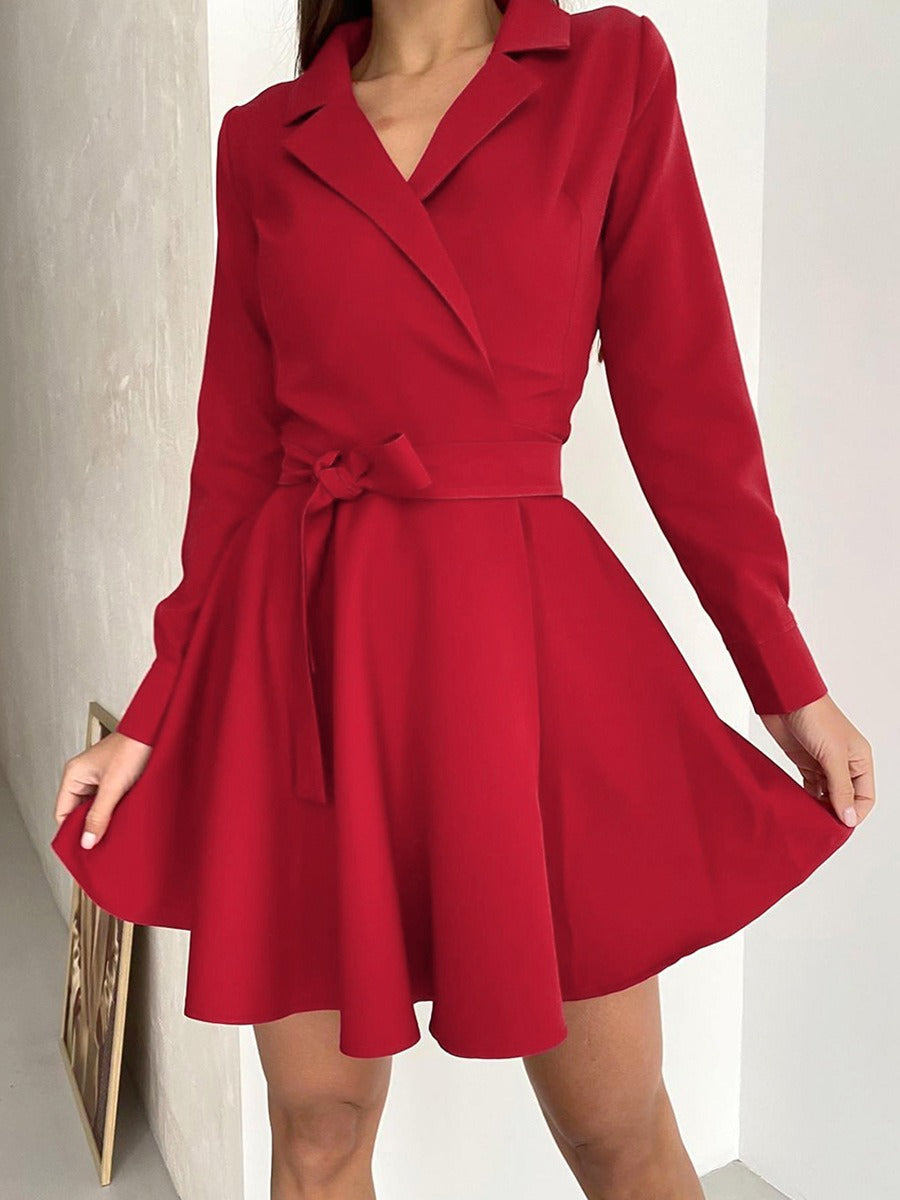 Spring Elegant Suit Collar Long Sleeve Lace up Dress Bowknot High Waist A-line Dress