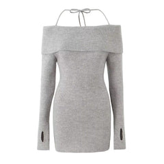 European and American hot girl autumn slim fit one neck lace up short knitted dress
