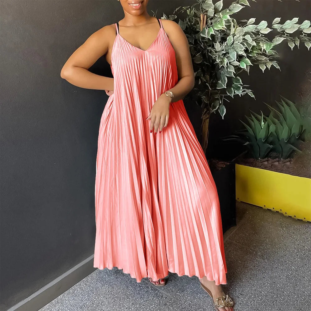 Sexy Spaghetti Strap Dresses Pleated V Neck Sleeveless Loose Straight Ankle Length Elegant Evening Night Party Dress