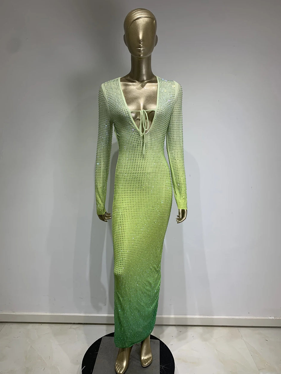 V-neck Diamond Water Diamond Tight Gradient Maxi Dress