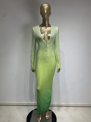 V-neck Diamond Water Diamond Tight Gradient Maxi Dress