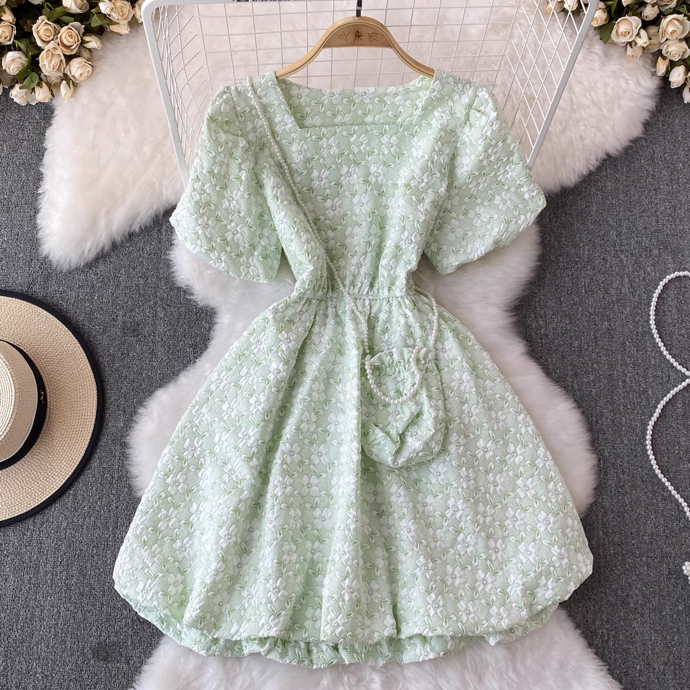 Retro Puff Sleeve Square Neck Mini Dress