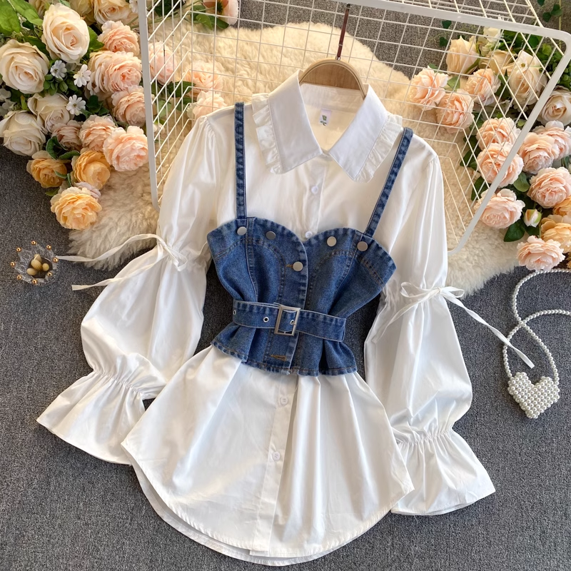 Retro Blouses Women's puff sleeve loose all-match denim camisole stacked two-piece suit