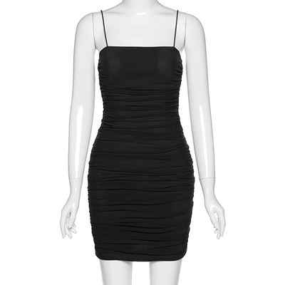 Pleated tight stretch mesh suspender dress