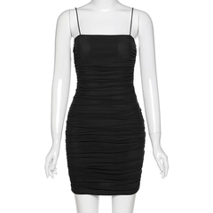 Pleated tight stretch mesh suspender dress