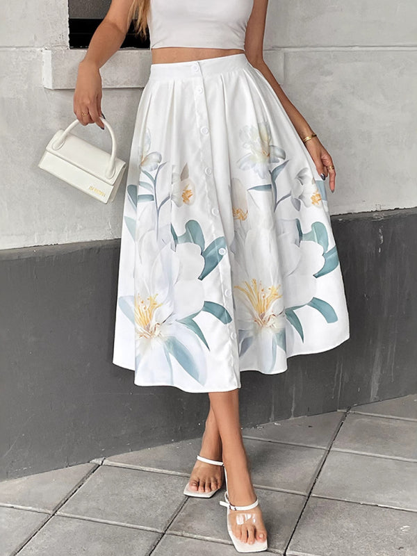 Casual Floral Holiday Dress Button Decorated Printed Skirt