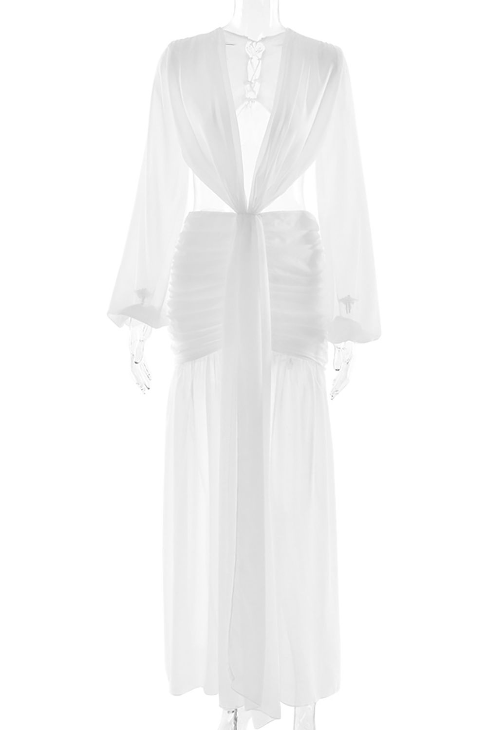 Deep V Neck Lantern Sleeve Cutout Ruched See Through Maxi Dresses - Yellow