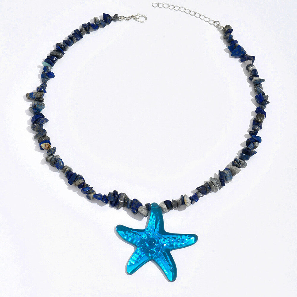 Boho Style Natural Stones Plastic Starfish Pendant Beaded Necklace