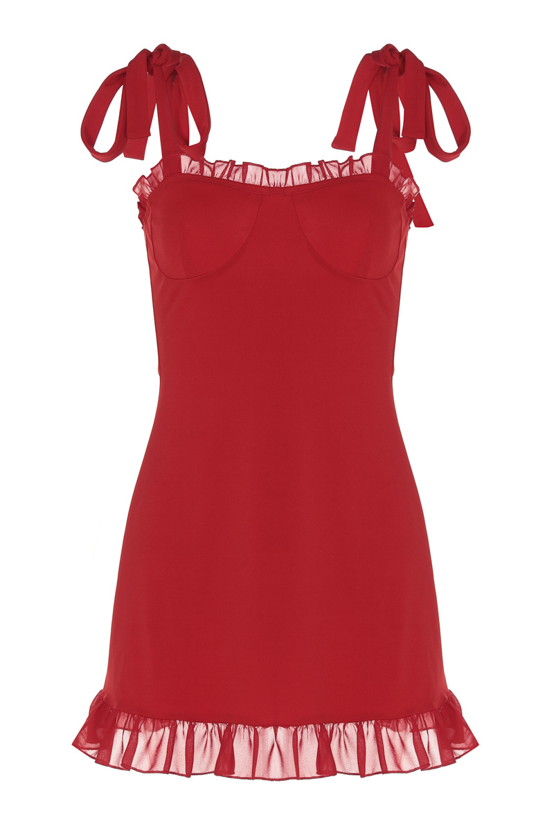 Tie Up Shoulder Straps Cinch Waist Bodycon Ruffled Mini Dresses - Red