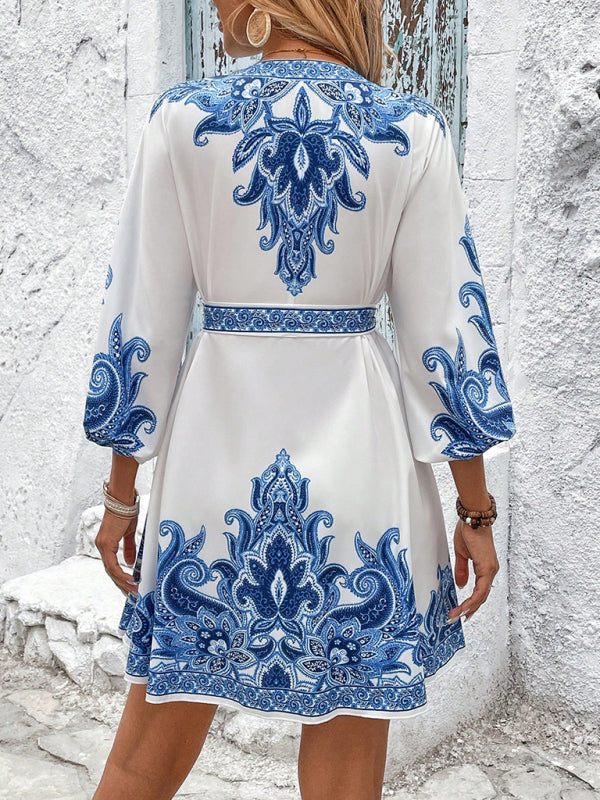 Printed V-Neck Three-Quarter Sleeve Tie-Waist Dress