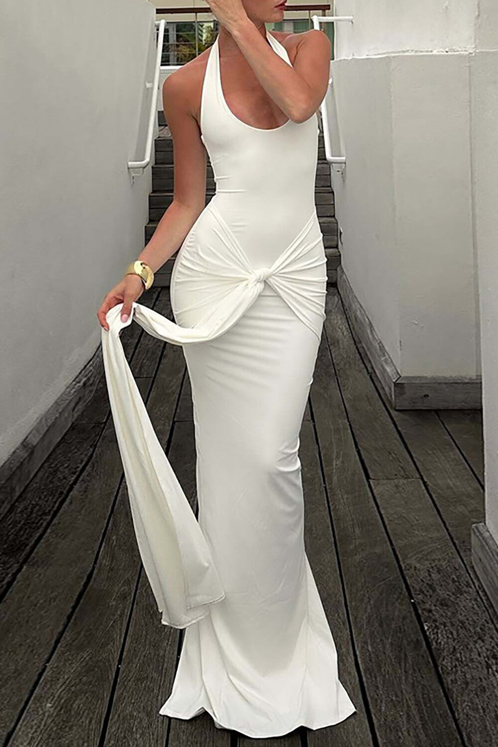 Halter Neck Ruched Tie Up Streamer Bodycon Maxi Dresses - Green