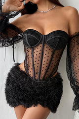Off Shoulder Flare Sleeve Polka Dot Print See Through Mesh Corset - Black