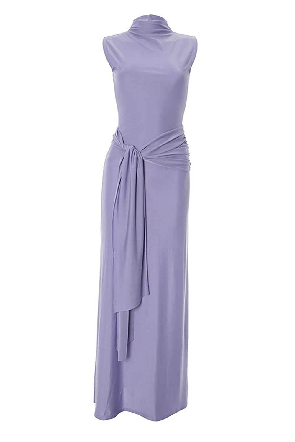 Stand Collar Sleeveless Open Back Tie Up Sash Plain Maxi Dresses - OffWhite