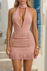 Deep V Neck Halter Belted Bodycon Fringed Mini Dresses - Pink Pre Order