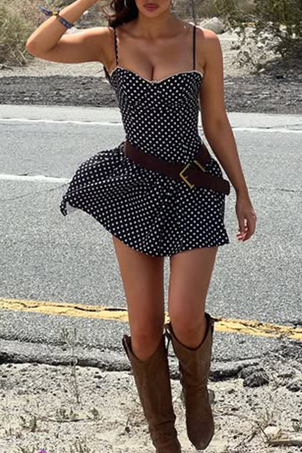 Polka Dot Print Cinch Waist Strappy Mini Dresses - Black