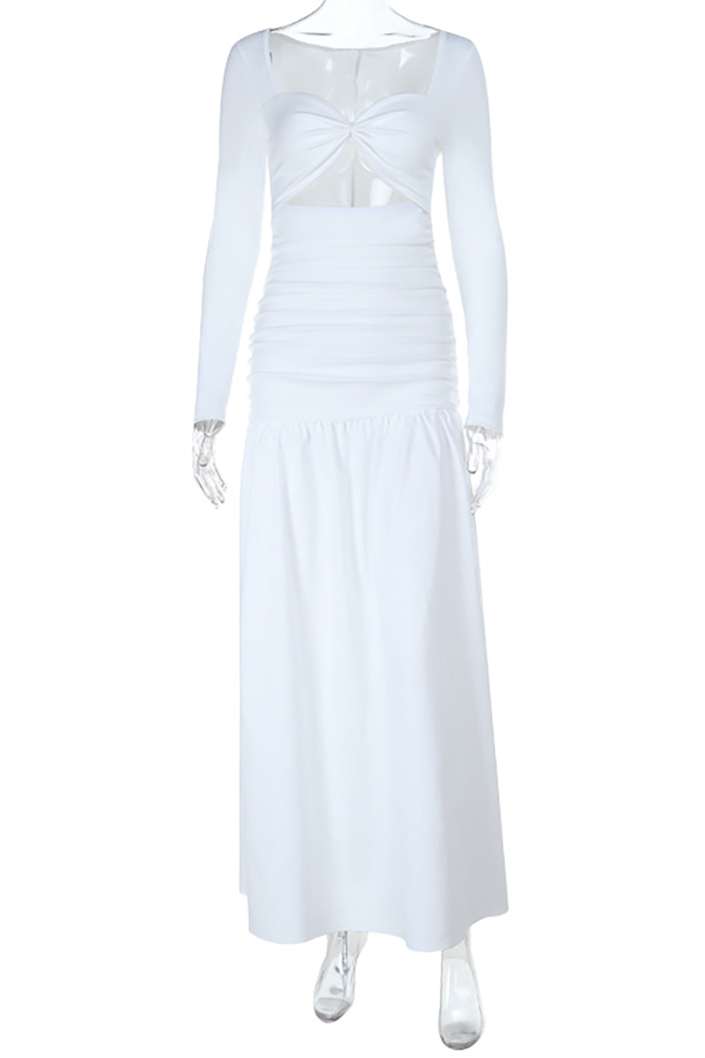 Irregular Neckline Long Sleeve Cutout Semi - Fitted Plain Maxi Dresses - White