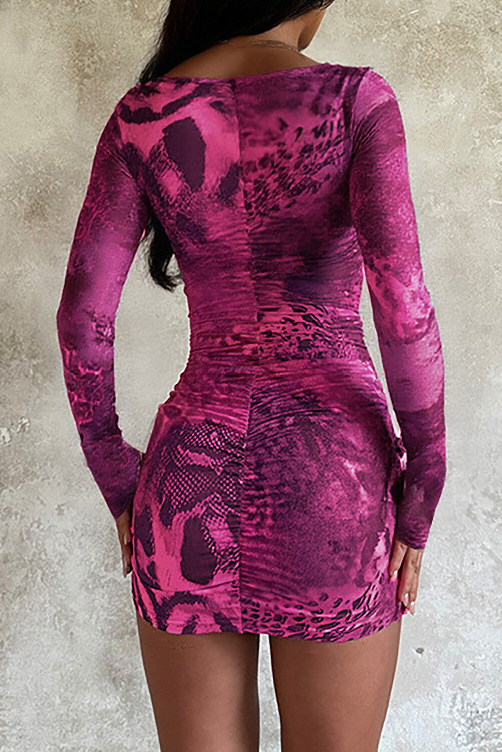 Irregular Neck Long Sleeve Mixed Print Layered Ruffled Mini Dresses - Purple