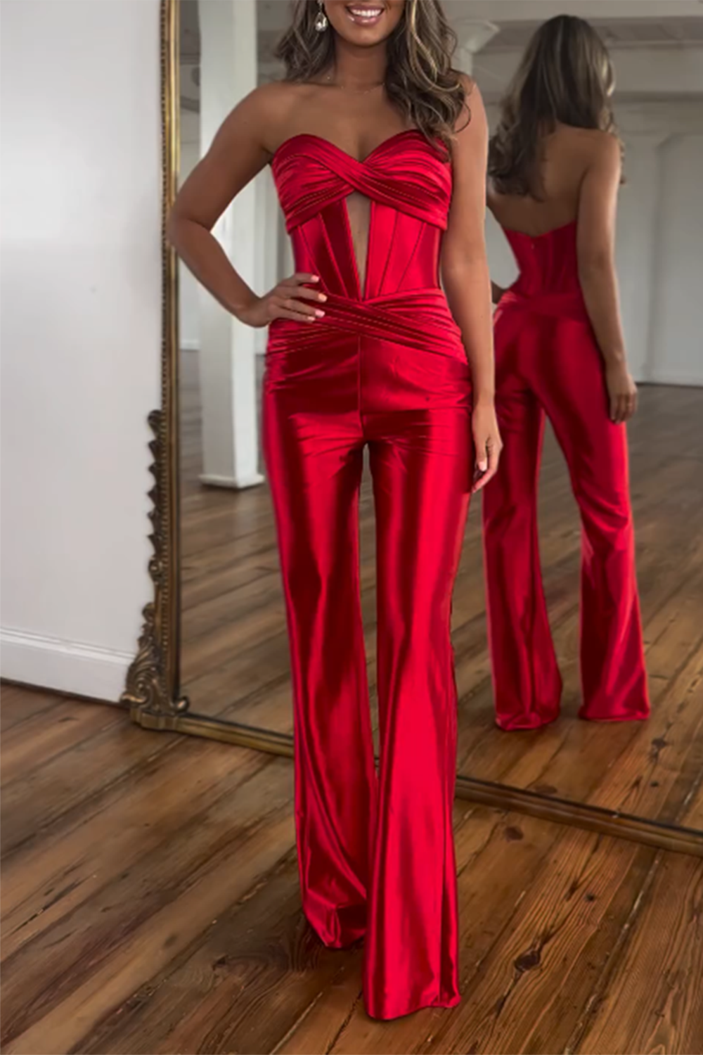 Twisted Strapless Cutout Corset Straight Leg Party Jumpsuit - Red