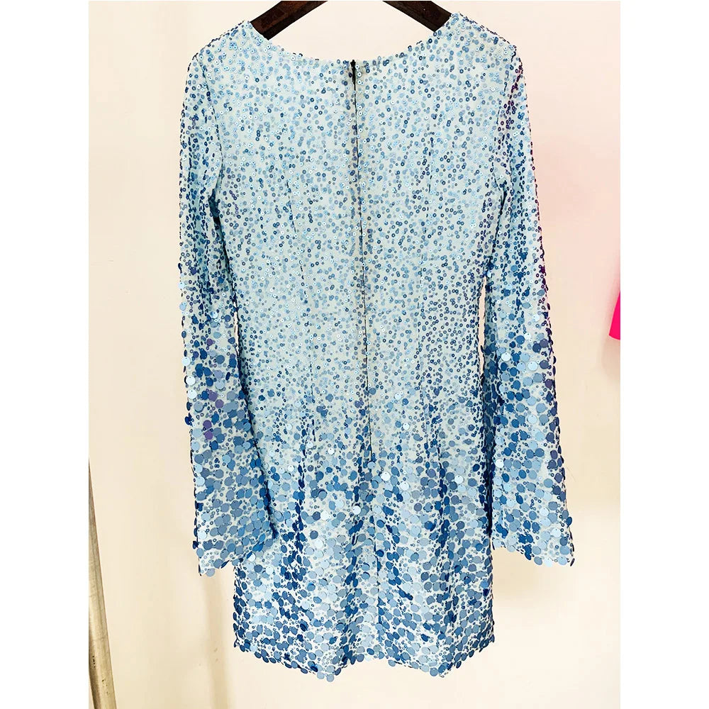 Neck Elegant Flare Sleeve Blue Sequins Party High Street Mini Straight Women Glitter Dress