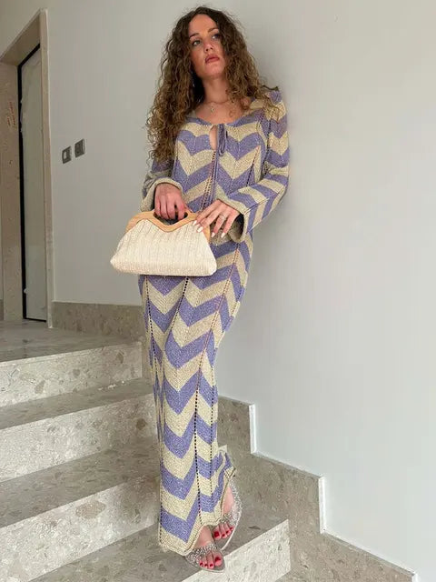 GACVGA Knitted Stripe Full Sleeve Maxi Dress Hollow Out Beach Elegant Slim Party Club Long Dress