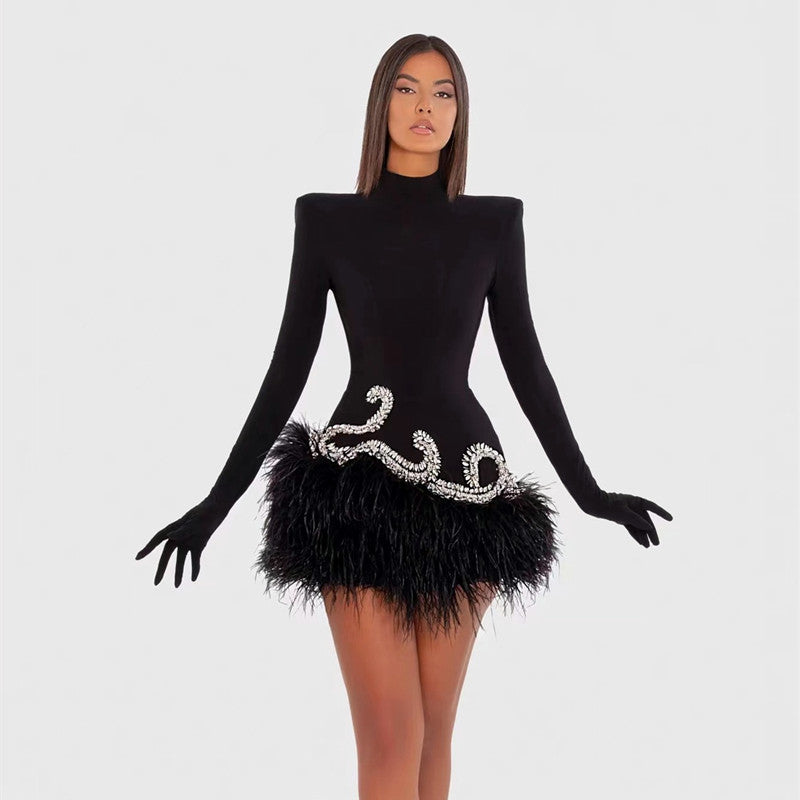 Diamond Feather Skirt Black Shoulder Padded Short Dress Retro Banquet Performance Dress