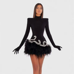 Diamond Feather Skirt Black Shoulder Padded Short Dress Retro Banquet Performance Dress