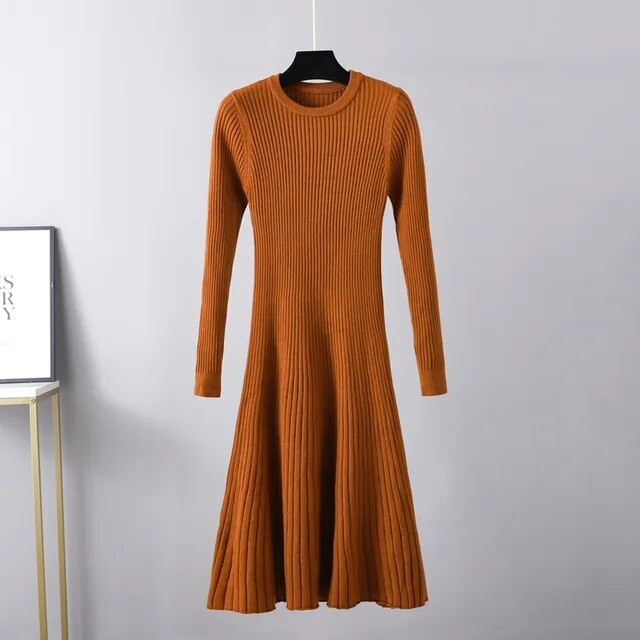 Long Sleeved High Waisted Short Knitted Dress Women Solid High Collar Sweater A-line Dresses Autumn Chic Female Street
