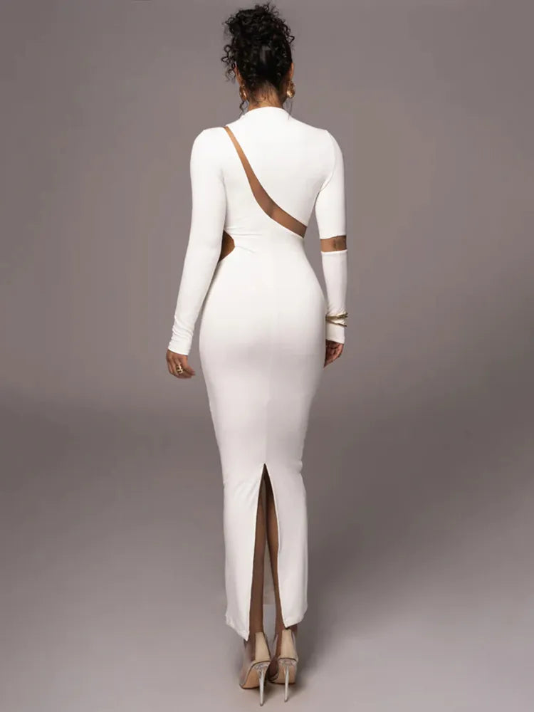Long Sleeve Dress Autumn Patchwork Hollow Out Club Party Sexy Long Dress Vestidos