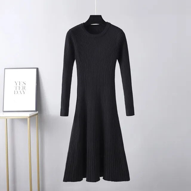 Long Sleeved High Waisted Short Knitted Dress Women Solid High Collar Sweater A-line Dresses Autumn Chic Female Street